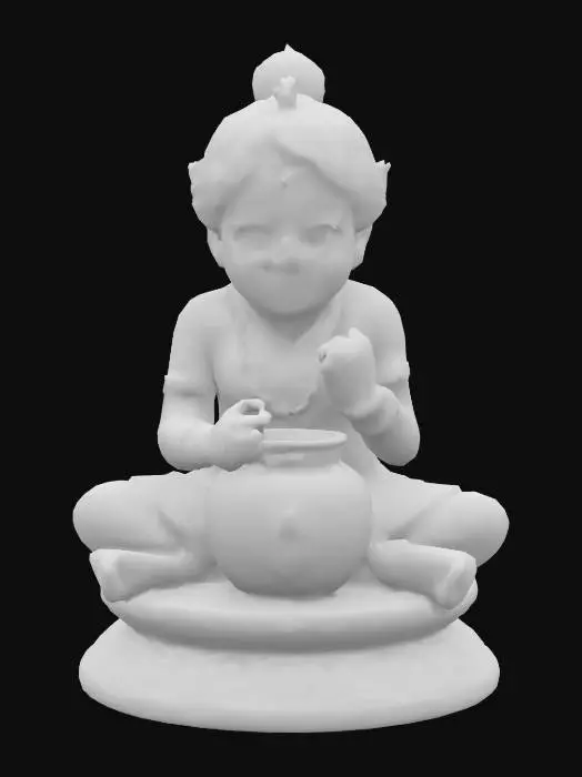 3D model for Sculpted murti of Bal Krishna as a playful child, seated on one knee with a pot of makhan (butter) in his hand. His body is round and childlike, adorned with traditional ornaments: pearl necklace, armlets, and anklets. Wearing a silk dhoti with soft pleats and a waistband. Hair tied in a side bun with a peacock feather. Crafted in polished brass with aged patina on crevices. Makhan pot decorated with lotus motifs. Balanced composition, watertight structure, spiritually expressive and 3D printable.
