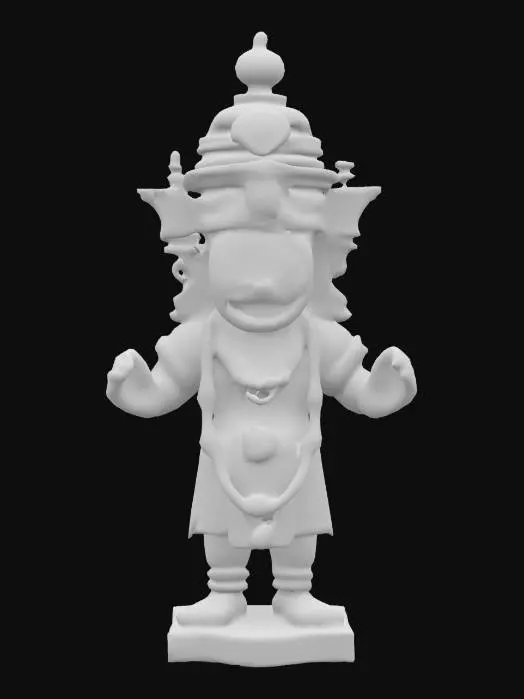 3D model for Sculpt a traditional Jagannath murti in Puri temple style, featuring a stout wooden form with large circular eyes, smiling expression, and simplified cylindrical limbs. The murti should be fully symmetrical, with arms extended straight to the sides, no visible legs, and a domed headdress. Include surface details such as painted eyes, jewelry patterns, and floral chest garlands carved into the form. Use hand-painted wood texture with dark ebony base and red, yellow, and white accent paint. The model should have smooth low-poly silhouette but museum-grade detailing on ornaments, face, and chest carvings. Ensure clean geometry for 3D printing and devotional display.