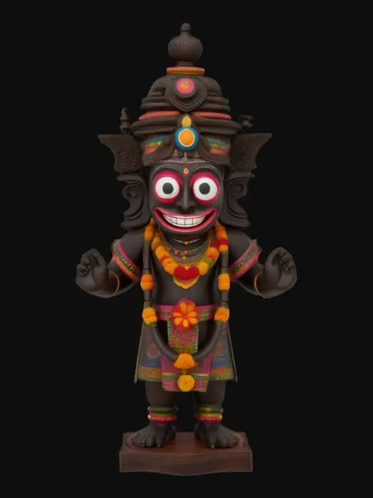 3D model for Sculpt a traditional Jagannath murti in Puri temple style, featuring a stout wooden form with large circular eyes, smiling expression, and simplified cylindrical limbs. The murti should be fully symmetrical, with arms extended straight to the sides, no visible legs, and a domed headdress. Include surface details such as painted eyes, jewelry patterns, and floral chest garlands carved into the form. Use hand-painted wood texture with dark ebony base and red, yellow, and white accent paint. The model should have smooth low-poly silhouette but museum-grade detailing on ornaments, face, and chest carvings. Ensure clean geometry for 3D printing and devotional display.
