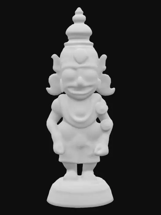 3D model for Sculpt a traditional Jagannath murti in Puri temple style, featuring a stout wooden form with large circular eyes, smiling expression, and simplified cylindrical limbs. The murti should be fully symmetrical, with arms extended straight to the sides, no visible legs, and a domed headdress. Include surface details such as painted eyes, jewelry patterns, and floral chest garlands carved into the form. Use hand-painted wood texture with dark ebony base and red, yellow, and white accent paint. The model should have smooth low-poly silhouette but museum-grade detailing on ornaments, face, and chest carvings. Ensure clean geometry for 3D printing and devotional display.