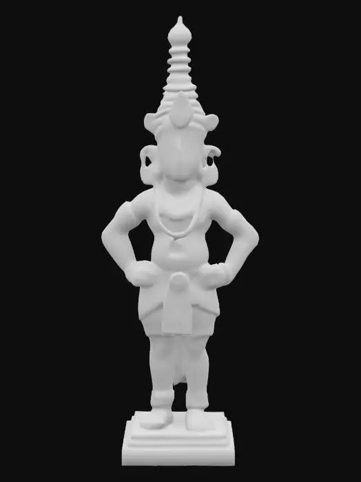 3D model for Sculpt a traditional Vitthal murti in Pandharpur temple style, standing in a proud yet relaxed pose with both hands resting on the hips and elbows pointed outward. The murti should feature a cylindrical torso, tall kirita-mukuta (crown), and stylized paduka (footwear) visible at the base. Include wide almond-shaped eyes, elongated nose, and gentle smile. Carve sacred thread, tulsi garland, and fine jewelry patterns into the body. Add sculpted earrings, waistband, and a short pleated dhoti. Use dark polished black stone as base material with red tilak and yellow pitambara accents. Ensure full symmetry, devotional presence, and museum-grade detailing with clean quad geometry.