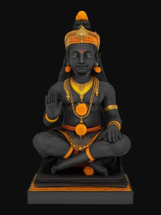 3D model for Sculpt a traditional Ayyappa Swamy murti in Sabarimala temple style, seated in yogic squatting posture (yogapattasana) with knees raised and hands resting gently on the knees. The torso should be upright with broad shoulders and calm expression. Add a sacred belt (yogapatta) across the knees and waist, ornate headband, and earrings. Crown should be minimal or conical, not towering. Carve a sacred thread, tulsi mala, and traditional Kerala-style armlets and waist ornaments. The face should feature large eyes, serene smile, and sandal mark on forehead. Use polished black granite stone as base material with subtle golden ornament accents. Ensure clean, symmetrical quad geometry with devotional sculptural detailing and a square pedestal base.