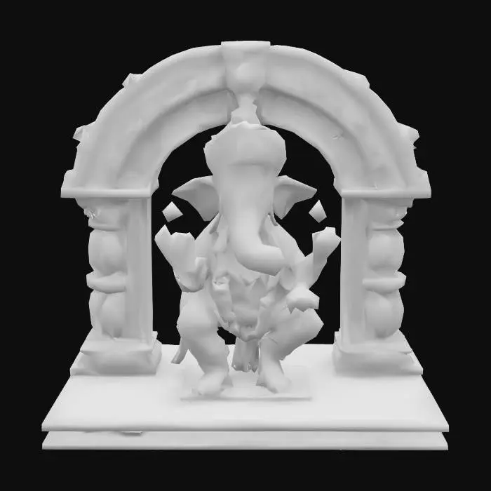3D model for Ganesha's Blessing Arch #arch#
Warm sandstone arch crowned with elaborate Ganesha sculpture, elephant god's benevolent expression, ornate crown and jewelry, modak sweets carved in borders, dancing mice companions, marigold garland details, South Indian temple gopuram style, intricate kolam patterns at base, festival atmosphere, #arch#
