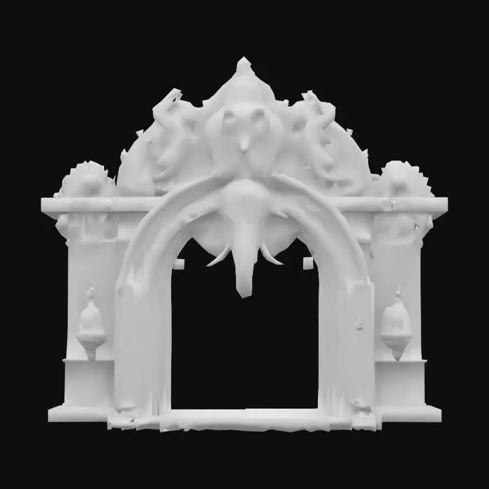 3D model for Ganesha Royal Gateway Arch.
Ultra-realistic 3D stone archway featuring ornate Ganesha elephant head with golden crown above arched doorway. Carved dancing mice statues holding lotus flowers on both sides, intricate peacock and marigold carvings at base. Aged sandstone textures, brass inlay detailing, balanced warm lighting, Game Assets, Highly Detailed, Polished, 4K resolution. , #arch#