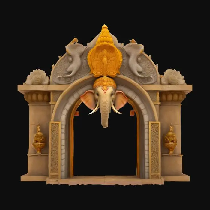 3D model for Ganesha Royal Gateway Arch.
Ultra-realistic 3D stone archway featuring ornate Ganesha elephant head with golden crown above arched doorway. Carved dancing mice statues holding lotus flowers on both sides, intricate peacock and marigold carvings at base. Aged sandstone textures, brass inlay detailing, balanced warm lighting, Game Assets, Highly Detailed, Polished, 4K resolution. , #arch#