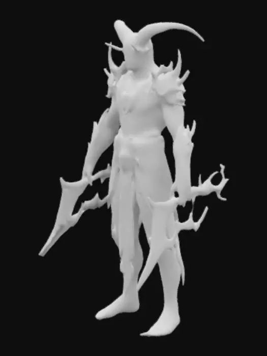 3D model for A warrior of the dark, an assassin with glowing flame energy teal blade with a skull able to be made out in the center of the blade, Teifling, shadow, power blades of pure soul