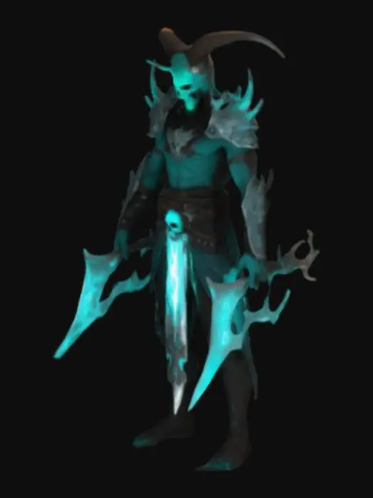3D model for A warrior of the dark, an assassin with glowing flame energy teal blade with a skull able to be made out in the center of the blade, Teifling, shadow, power blades of pure soul