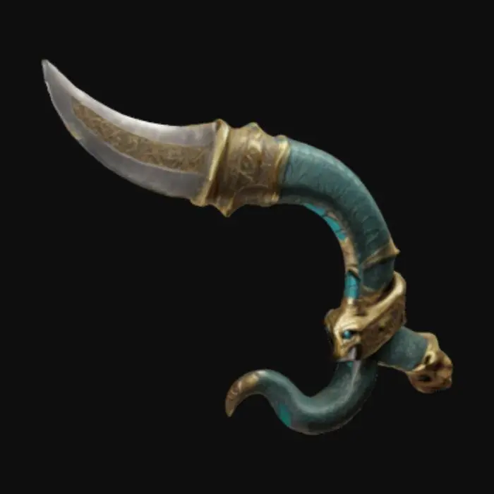 3D model for A magical Egyprion-styled Khopesh-Sickle, runes of destruction across the blade, a coiling snake forms a hilt, hyper-realistic, Egyptian, magical weapon, Dungeons And Dragons