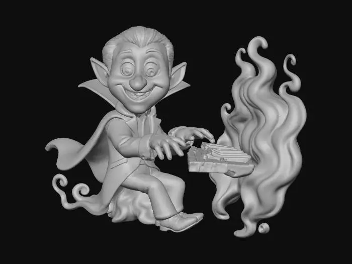 3D model for Vampire Pianist A charming cartoon vampire with slicked-back hair and a red velvet jacket, seated at a floating ghostly piano made of light, smiling confidently as he plays glowing keys — Pixar-style animation look., #Halloween2025#
