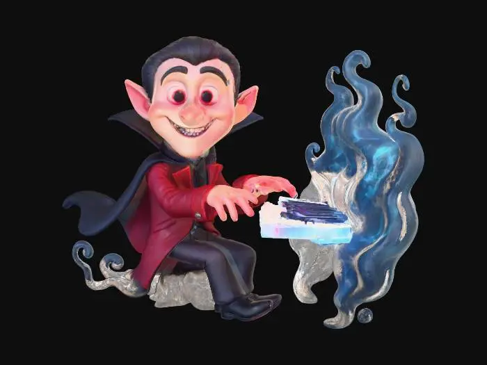 3D model for Vampire Pianist A charming cartoon vampire with slicked-back hair and a red velvet jacket, seated at a floating ghostly piano made of light, smiling confidently as he plays glowing keys — Pixar-style animation look., #Halloween2025#