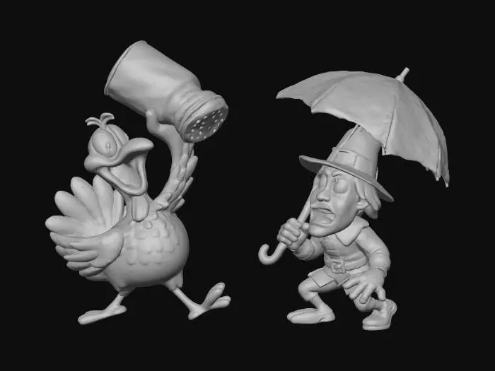3D model for A goofy ecstatic turkey joyfully shaking a comically huge salt shaker over a panicked pilgrim who is holding an umbrella to block it, Looney Tunes humor, vibrant Pixar lighting, white background., #Thanksgiving#