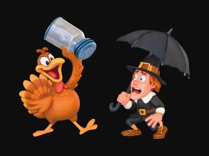 3D model for A goofy ecstatic turkey joyfully shaking a comically huge salt shaker over a panicked pilgrim who is holding an umbrella to block it, Looney Tunes humor, vibrant Pixar lighting, white background., #Thanksgiving#