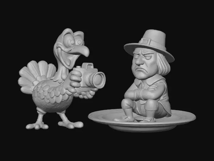 3D model for Turkey Trying to Take a Photo of Pilgrim on a Dinner Plate
A crazy happy turkey holding a camera, trying to photograph a pilgrim who is sitting on a giant plate looking annoyed. All cartoon humor, no harm, bright white background., #Thanksgiving#