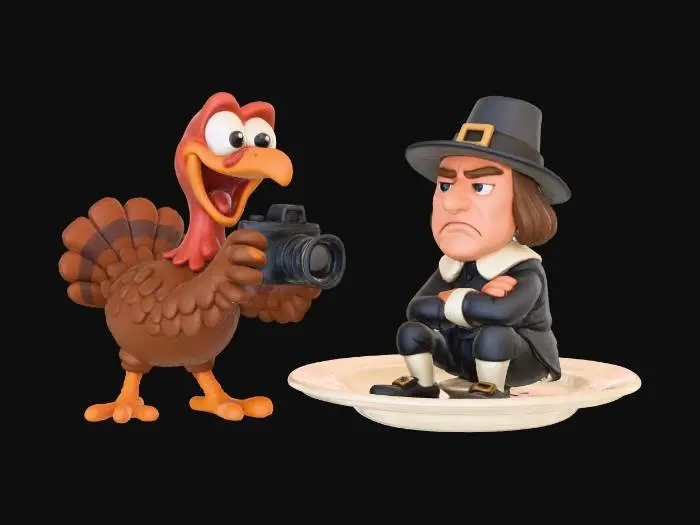 3D model for Turkey Trying to Take a Photo of Pilgrim on a Dinner Plate
A crazy happy turkey holding a camera, trying to photograph a pilgrim who is sitting on a giant plate looking annoyed. All cartoon humor, no harm, bright white background., #Thanksgiving#