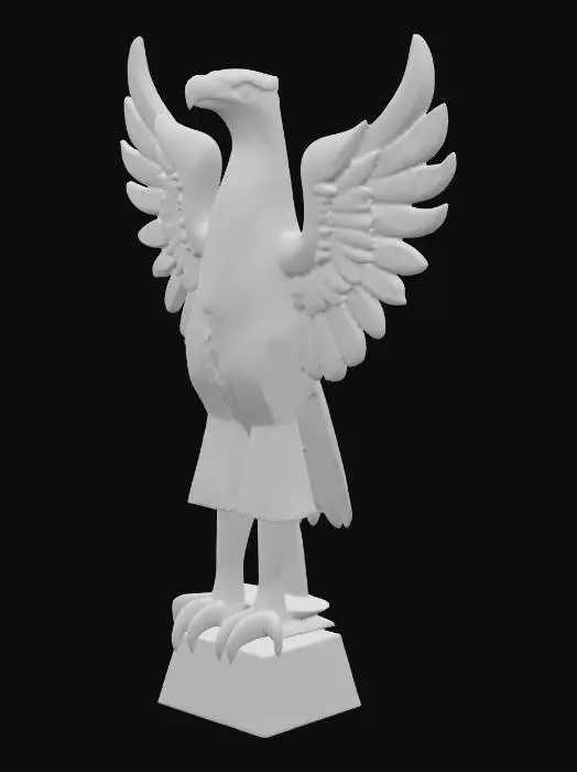 3D model for an eagle sculpture. The eagle is in a geometric, minimalist style, with Native American totem textures and brutalist elements.