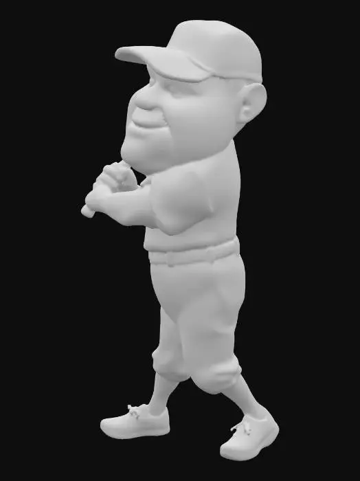 3D model for A hyper-realistic 3D caricature of Babe Ruth, oversized expressive head and short muscular body, detailed facial expression full of energy, wearing a full vintage baseball uniform with classic pinstripes, cap, belt, and cleats, holding a wooden bat in a powerful swinging pose or iconic home-run follow-through. Cartoonish proportions, Pixar-style 3D rendering, studio lighting, ultra-detailed textures on fabric and skin, 8K resolution.