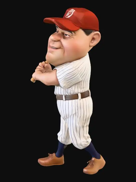 3D model for A hyper-realistic 3D caricature of Babe Ruth, oversized expressive head and short muscular body, detailed facial expression full of energy, wearing a full vintage baseball uniform with classic pinstripes, cap, belt, and cleats, holding a wooden bat in a powerful swinging pose or iconic home-run follow-through. Cartoonish proportions, Pixar-style 3D rendering, studio lighting, ultra-detailed textures on fabric and skin, 8K resolution.