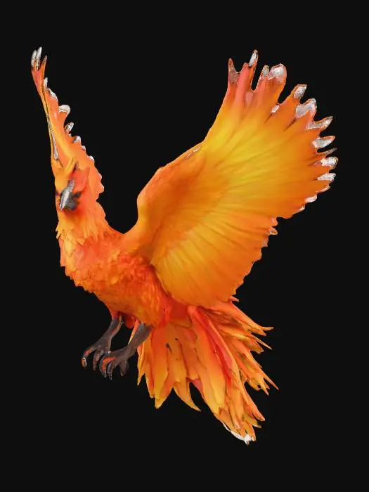 3D model for A golden phoenix emerging from dark leaves, its handles illuminating the sky with vibrant shades of vermilion, orange and gold. No, broken remains represent a crisis, as no voo da phoenix arises as a metaphor for opportunity and rebirth. Hyper-realistic style in 8K, epic and inspiring atmosphere.