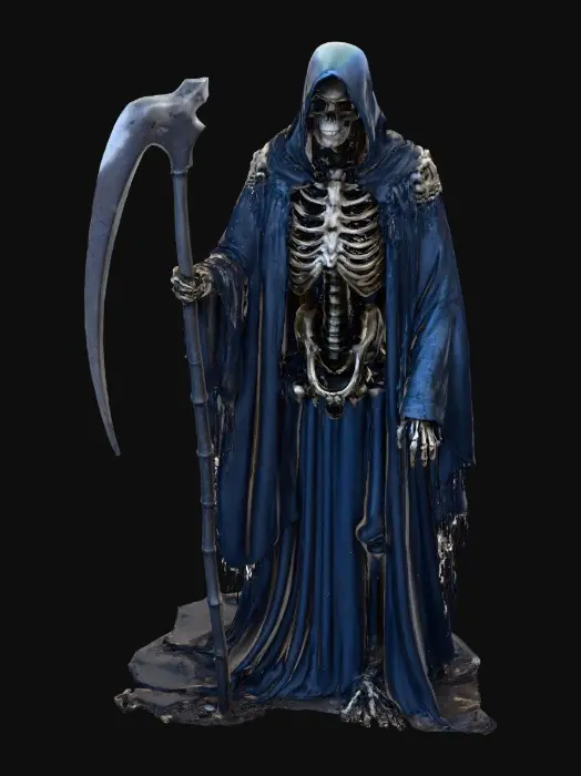 3D model for 1. Bone Harvester
ultra-detailed 3D concept art of a skeletal bone harvester, towering figure draped in tattered black robes, carries a scythe made from ribcages, glowing blue soul energy swirling around, eerie cemetery at night, cinematic lighting, volumetric fog, zbrush character sheet, octane render, #villain#
