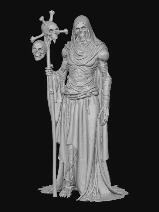 3D model for ancient undead priest wrapped in rotting bandages, skeletal face with glowing green eyes, holding a staff made from skulls and bones, wearing fragmented ceremonial armor and tattered robes, thin hunched posture, dusty bone and cloth materials, necromancer aesthetic, #villain#