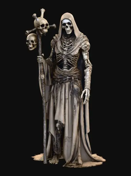 3D model for ancient undead priest wrapped in rotting bandages, skeletal face with glowing green eyes, holding a staff made from skulls and bones, wearing fragmented ceremonial armor and tattered robes, thin hunched posture, dusty bone and cloth materials, necromancer aesthetic, #villain#