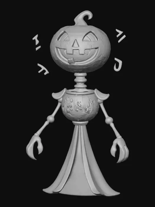 3D model for The Lantern Prophet
floating alien oracle with pumpkin-shaped head of stained glass, glowing runes rotating around, skeletal neck of brass rods, textures: glass mosaic surface, warm internal light, metallic frame joints, smooth enamel glow, full-body symmetrical