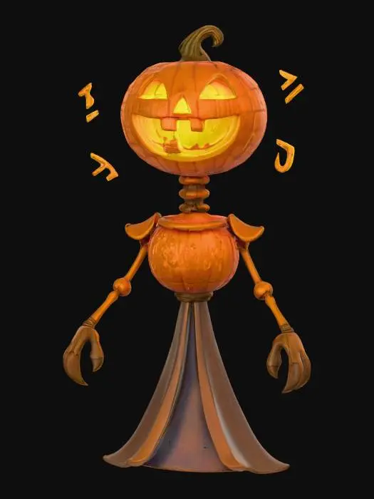 3D model for The Lantern Prophet
floating alien oracle with pumpkin-shaped head of stained glass, glowing runes rotating around, skeletal neck of brass rods, textures: glass mosaic surface, warm internal light, metallic frame joints, smooth enamel glow, full-body symmetrical