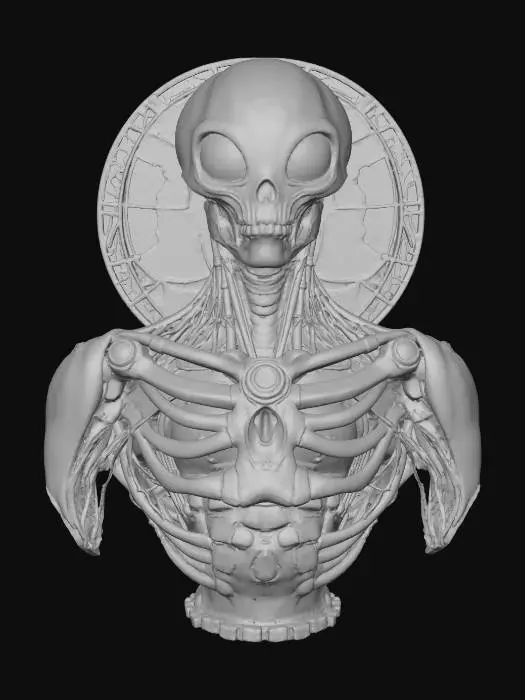 3D model for The Lantern Prophet
floating alien oracle with pumpkin-shaped head of stained glass, glowing runes rotating around, skeletal neck of brass rods, textures: glass mosaic surface, warm internal light, metallic frame joints, smooth enamel glow, full-body symmetrical