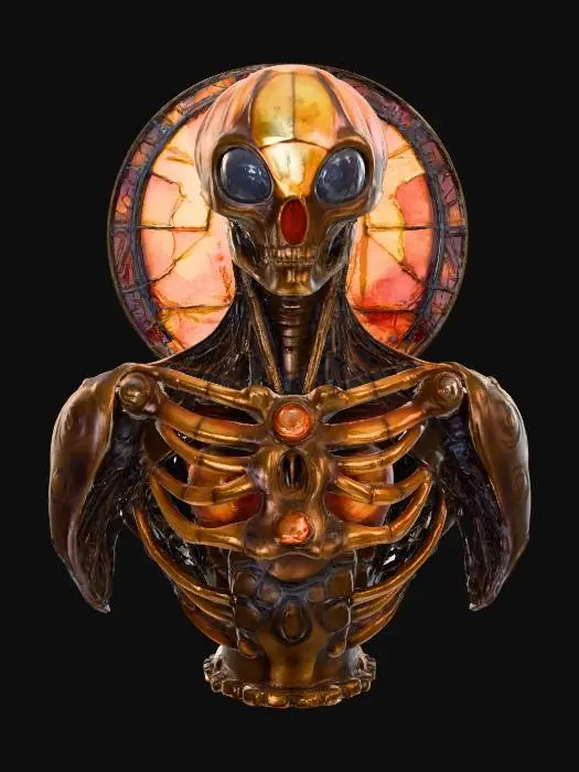 3D model for The Lantern Prophet
floating alien oracle with pumpkin-shaped head of stained glass, glowing runes rotating around, skeletal neck of brass rods, textures: glass mosaic surface, warm internal light, metallic frame joints, smooth enamel glow, full-body symmetrical
