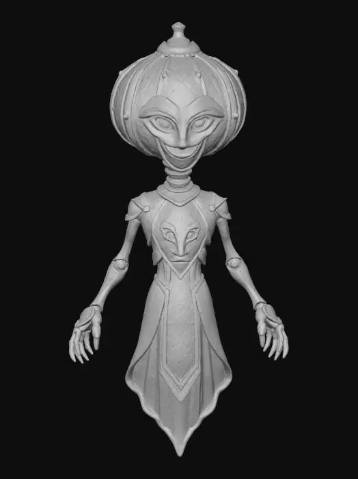 3D model for floating alien oracle with pumpkin-shaped head of stained glass, glowing runes rotating around, skeletal neck of brass rods, textures: glass mosaic surface, warm internal light, metallic frame joints, smooth enamel glow, full-body symmetrical