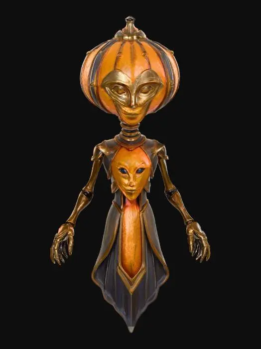 3D model for floating alien oracle with pumpkin-shaped head of stained glass, glowing runes rotating around, skeletal neck of brass rods, textures: glass mosaic surface, warm internal light, metallic frame joints, smooth enamel glow, full-body symmetrical
