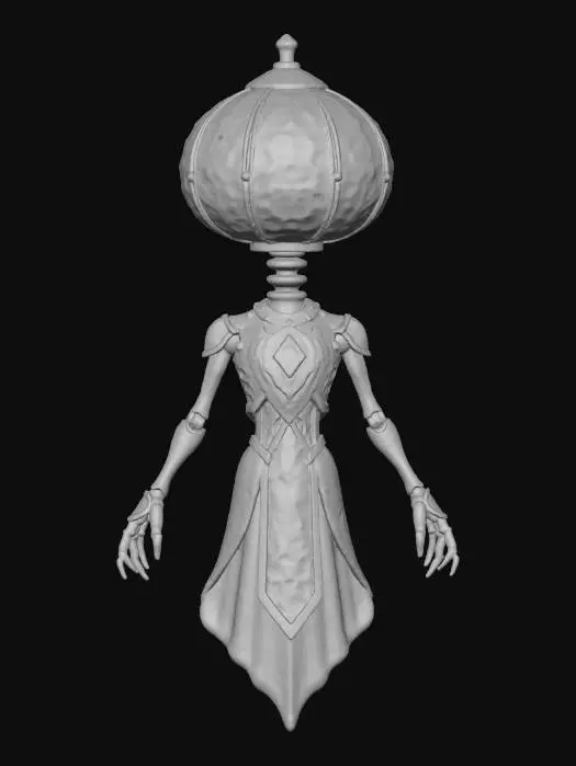 3D model for floating alien oracle with pumpkin-shaped head of stained glass, glowing runes rotating around, skeletal neck of brass rods, textures: glass mosaic surface, warm internal light, metallic frame joints, smooth enamel glow, full-body symmetrical