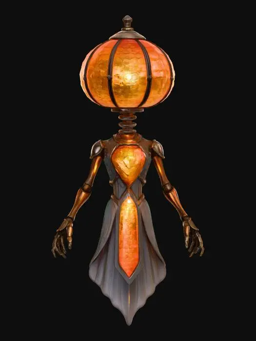 3D model for floating alien oracle with pumpkin-shaped head of stained glass, glowing runes rotating around, skeletal neck of brass rods, textures: glass mosaic surface, warm internal light, metallic frame joints, smooth enamel glow, full-body symmetrical