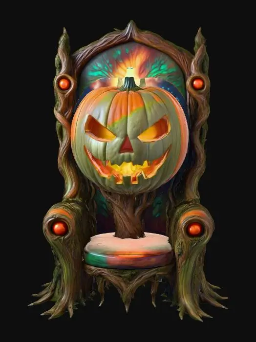 3D model for The Cosmic Patch King
massive alien monarch grown from planet vines, jack-o’-lantern face splitting into eight sections revealing glowing cosmos inside, throne fused to back, textures: organic vine bark, glossy pumpkin enamel, swirling nebular glow, bronze-green patina, full-body symmetrical, #Halloween2025#