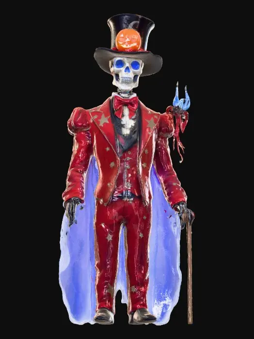 3D model for The Cosmic Ringmaster

tall alien with jack-o’-lantern skull under a top hat made of black flame, wearing red velvet tailcoat covered in gold star symbols, grinning mouth glowing blue, holding whip made of plasma ribbons, textures: glossy silk fabric, molten glass teeth, polished bone structure, glowing whip strands, full-body symmetrical on white background, #Halloween2025#