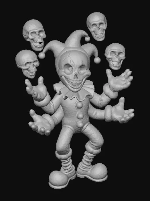 3D model for Gribble the Grave Jester

bouncy alien clown with cracked porcelain face, glowing green tears, four arms juggling skulls that giggle, legs like spring coils, textures: cracked ceramic mask, rubbery costume fabric, translucent glowing skulls, metallic coil springs, full-body symmetrical cartoon style, #Halloween2025#
