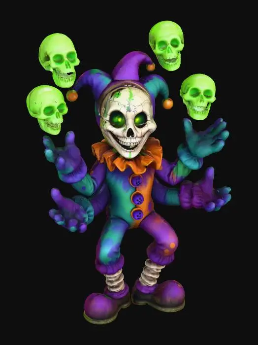 3D model for Gribble the Grave Jester

bouncy alien clown with cracked porcelain face, glowing green tears, four arms juggling skulls that giggle, legs like spring coils, textures: cracked ceramic mask, rubbery costume fabric, translucent glowing skulls, metallic coil springs, full-body symmetrical cartoon style, #Halloween2025#