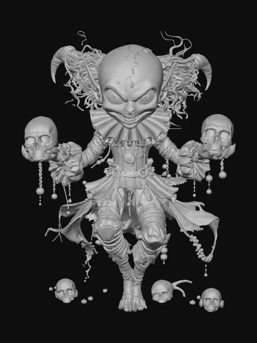 3D model for Gribble the Grave Jester

bouncy alien clown with cracked porcelain face, glowing green tears, four arms juggling skulls that giggle, legs like spring coils, textures: cracked ceramic mask, rubbery costume fabric, translucent glowing skulls, metallic coil springs, full-body symmetrical cartoon style, #Halloween2025#