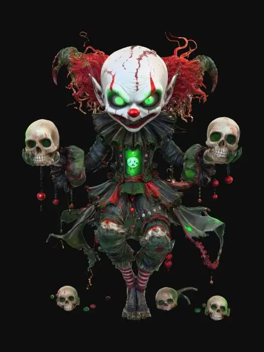 3D model for Gribble the Grave Jester

bouncy alien clown with cracked porcelain face, glowing green tears, four arms juggling skulls that giggle, legs like spring coils, textures: cracked ceramic mask, rubbery costume fabric, translucent glowing skulls, metallic coil springs, full-body symmetrical cartoon style, #Halloween2025#