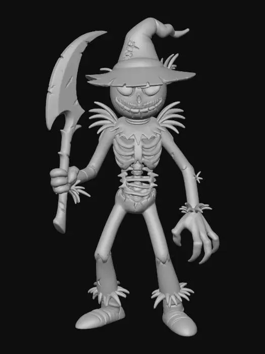 3D model for Scarecrow Jackknife lanky straw demon with stitched grin, jagged scythe arm, glowing green eyes inside burlap head, ribcage tied with rusty barbed wire, textures: frayed burlap fabric, dry straw tufts, oxidized metal wire, faint glow inside seams, full-body symmetrical, #Halloween2025#