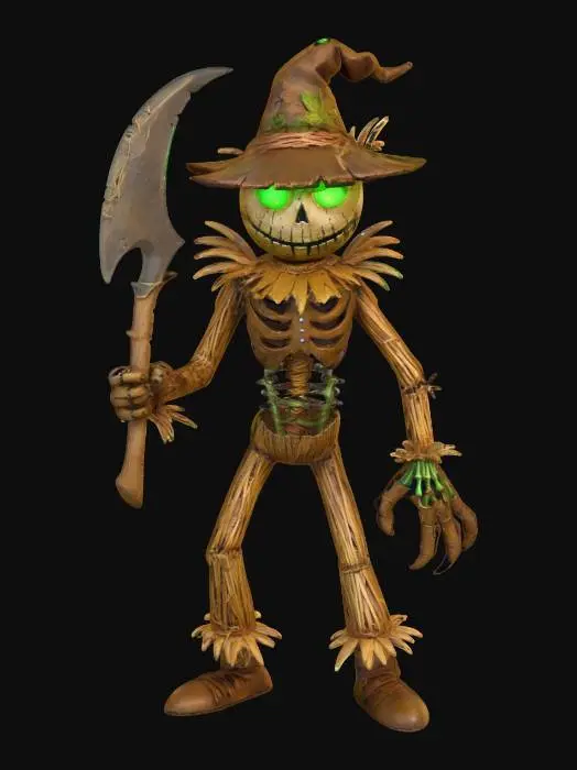 3D model for Scarecrow Jackknife lanky straw demon with stitched grin, jagged scythe arm, glowing green eyes inside burlap head, ribcage tied with rusty barbed wire, textures: frayed burlap fabric, dry straw tufts, oxidized metal wire, faint glow inside seams, full-body symmetrical, #Halloween2025#