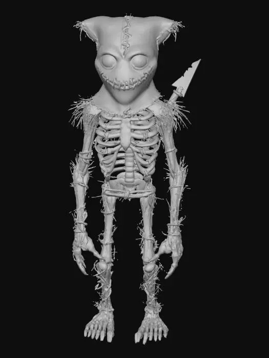 3D model for Stitched ScareScarecrow Jackknife lanky straw demon with stitched grin, jagged scythe arm, glowing green eyes inside burlap head, ribcage tied with rusty barbed wire, textures: frayed burlap fabric, dry straw tufts, oxidized metal wire, faint glow inside seams, full-body symmetrical,, #Halloween2025#
