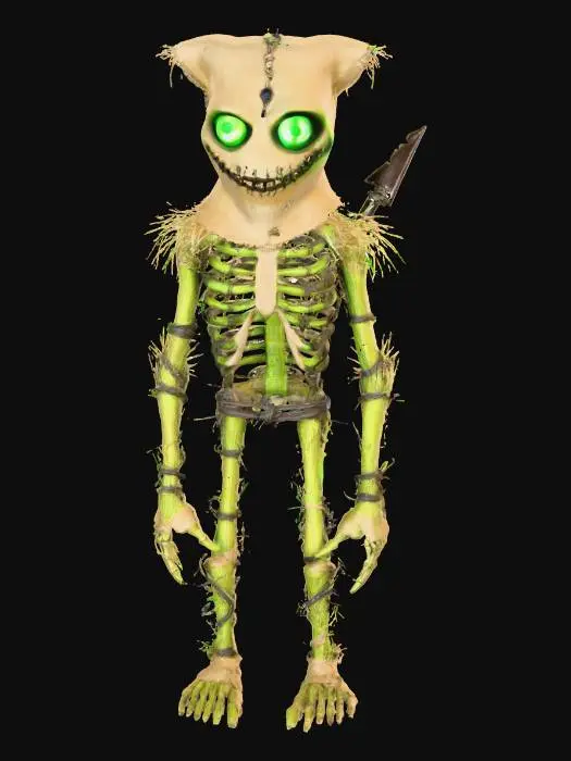 3D model for Stitched ScareScarecrow Jackknife lanky straw demon with stitched grin, jagged scythe arm, glowing green eyes inside burlap head, ribcage tied with rusty barbed wire, textures: frayed burlap fabric, dry straw tufts, oxidized metal wire, faint glow inside seams, full-body symmetrical,, #Halloween2025#