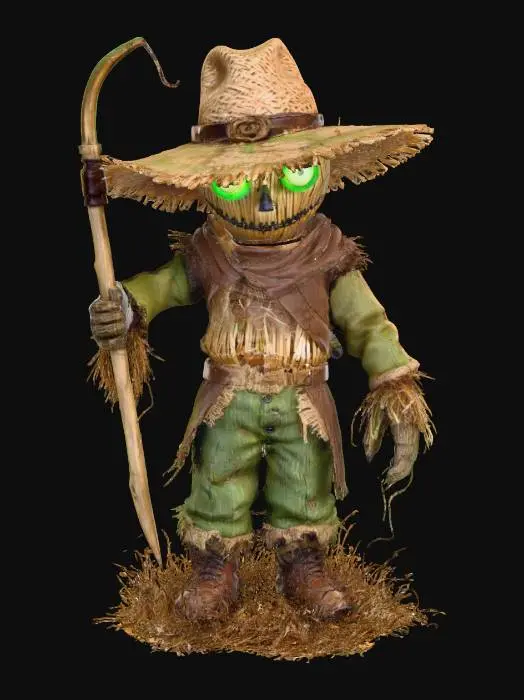 3D model for Scarecrow Jackknife lanky straw demon with stitched grin, jagged scythe arm, glowing green eyes inside burlap head, ribcage tied with rusty barbed wire, textures: frayed burlap fabric, dry straw tufts, oxidized metal wire, faint glow inside seams, full-body symmetrical, #Halloween2025#