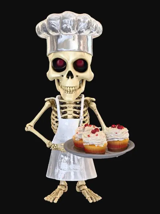3D model for Skeleton Chef

Comical skeleton chef in tall hat and white apron, holding a tray of smiling cupcakes — Pixar 3D render, cinematic softbox lighting, warm tones, white background, HDR clarity, detailed 8K materials., #Halloween2025#