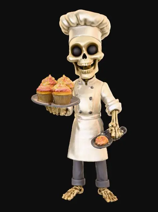 3D model for Skeleton Chef

Comical skeleton chef in tall hat and white apron, holding a tray of smiling cupcakes — Pixar 3D render, cinematic softbox lighting, warm tones, white background, HDR clarity, detailed 8K materials., #Halloween2025#