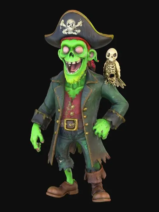 3D model for Zombie Pirate Captain

Goofy cartoon zombie pirate with green skin, tattered coat, and skeletal parrot, grinning proudly — full body, stylized Pixar render, cinematic 3-point lighting, detailed fabric textures, global illumination, 50mm lens, soft light reflection, #Halloween2025#