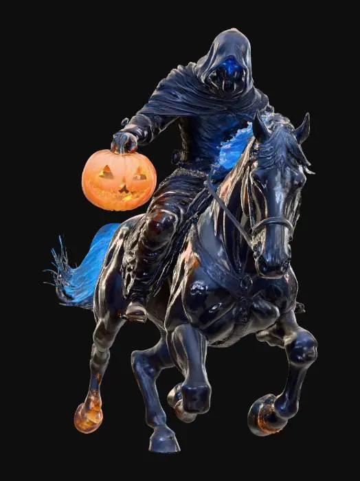 3D model for The Hollow Horseman

headless horseman villain riding a demonic horse wreathed in blue flames, holding a fiery pumpkin head, tattered cape flowing in the wind, misty forest background, dynamic action pose, ultra-realistic 3D Halloween villain concept, octane render, #Halloween2025#