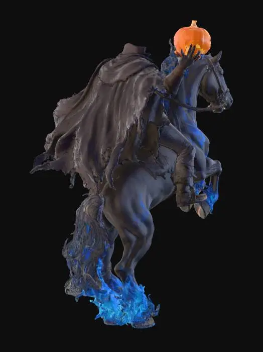 3D model for Headless Horseman Ride, The Hollow Horseman

headless horseman villain riding a demonic horse wreathed in blue flames, holding a fiery pumpkin head, tattered cape flowing in the wind, misty forest background, dynamic action pose, ultra-realistic 3D Halloween villain concept, octane render, #Halloween2025#
