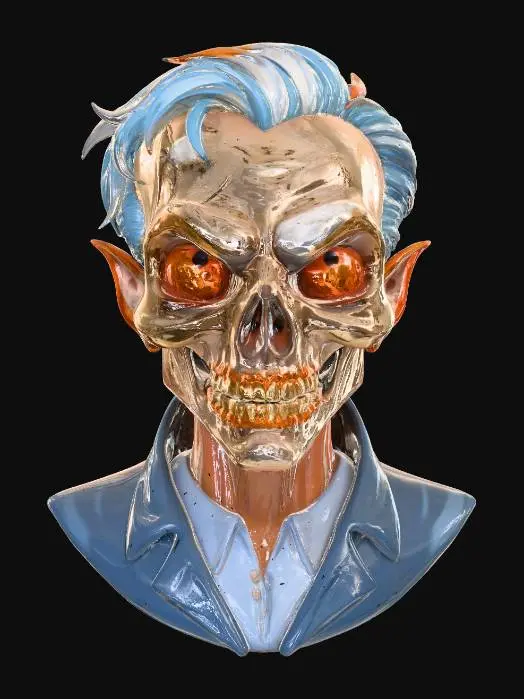3D model for “Undead Gentleman with Fiery Eyes”
Prompt:
A sinister cartoon-style undead gentleman with a skeletal face, fiery orange eyes, and a menacing grin filled with sharp teeth. His pale, cracked skull contrasts with his sharp blue suit and collared shirt. He has slicked-back teal-blue hair with a few loose strands and elongated pointed ears. The lighting should create dramatic contrast — warm orange reflections from the eyes and cool blue ambient tones around the suit and hair. The overall style is stylized realism with exaggerated proportions, like a high-quality animated movie villain illustration. Background should be clean white or transparent for easy compositing.
Additional Style Parameters:
Style: Semi-realistic cartoon horror / stylized realism
, #Halloween2025#